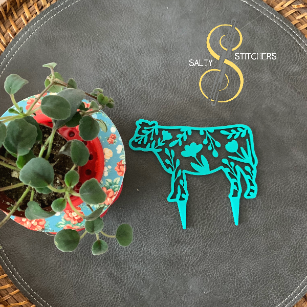 Teal Floral Cow Plant Pal 3d Printed Indoor Trellis | More Heart Studio