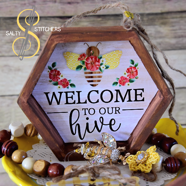 Vintage Floral Inspired Honey Bee Welcome To Our Hive Tier Tray Wood Sign