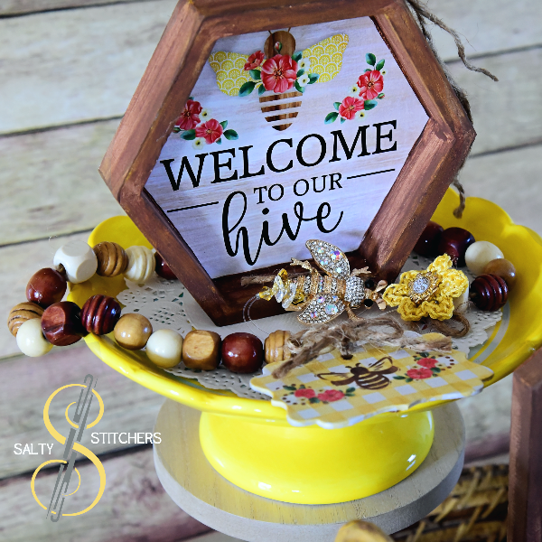 Vintage Floral Inspired Honey Bee Welcome To Our Hive Tier Tray Wood Sign