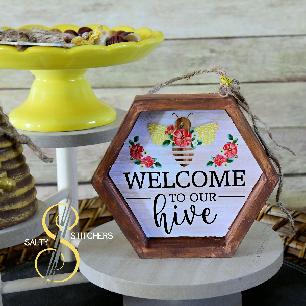 Vintage Floral Inspired Honey Bee Welcome To Our Hive Tier Tray Wood Sign