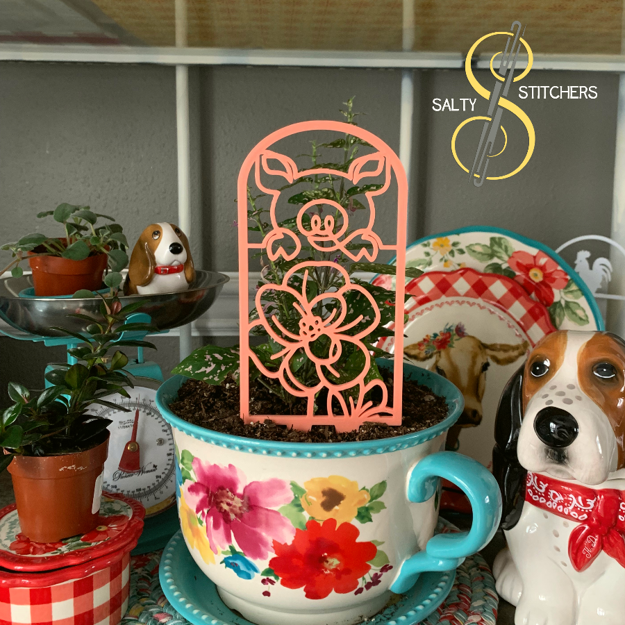 Floral Pink Pig Plant Pal 3d Printed Indoor Trellis | More Heart Studio