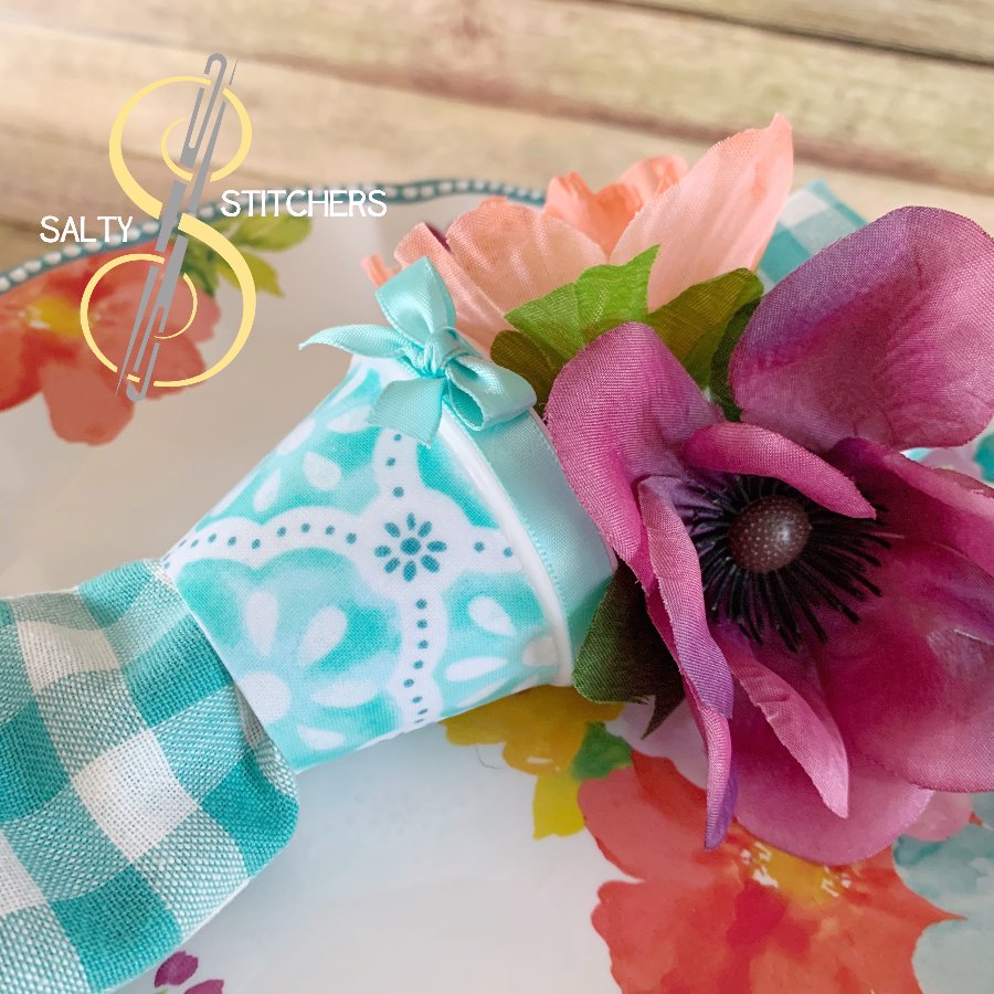 3D Printed Faux Terra Cotta Pot Blue Pioneer Woman Fabric Napkin Ring | Salty Stitchers at More Heart Studio