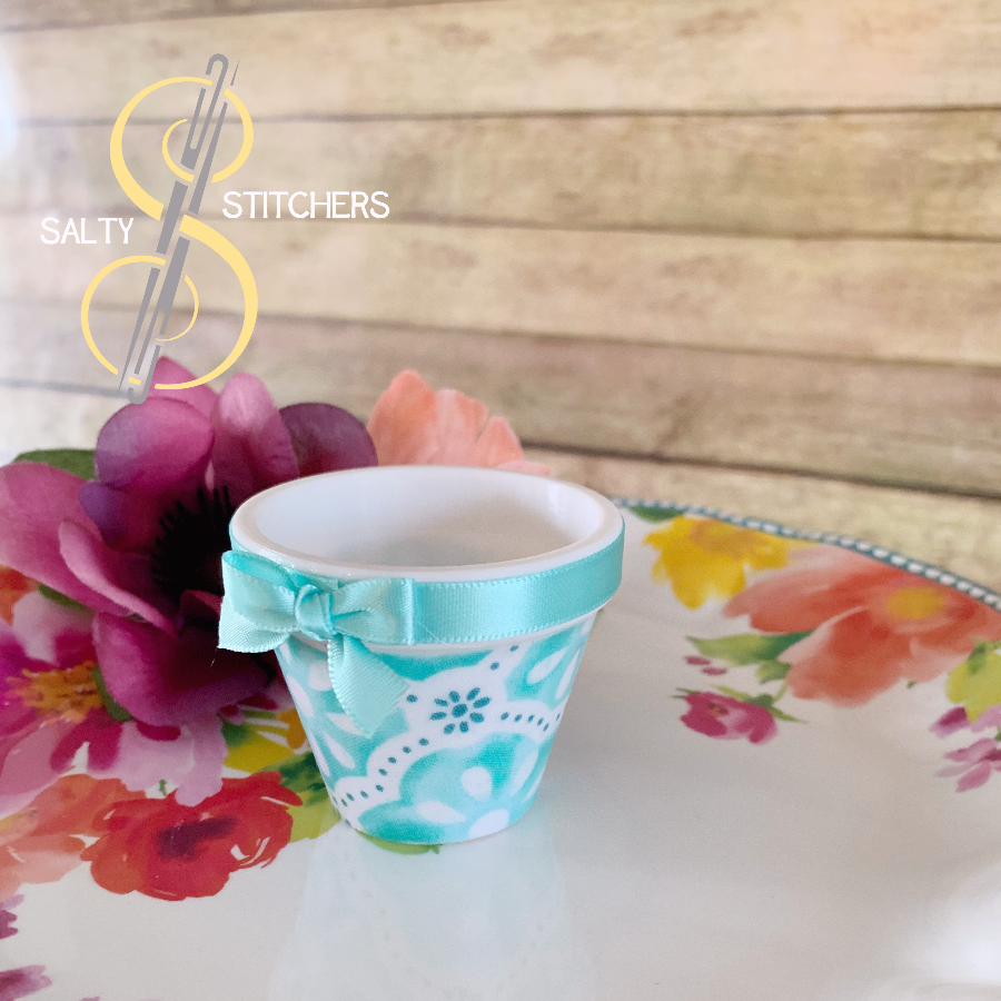 3D Printed Faux Terra Cotta Pot Blue Pioneer Woman Fabric Napkin Ring | Salty Stitchers at More Heart Studio