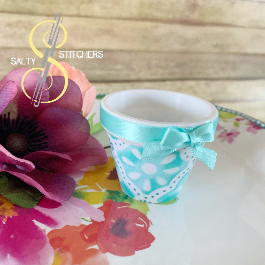 3D Printed Faux Terra Cotta Pot Blue Pioneer Woman Fabric Napkin Ring | Salty Stitchers at More Heart Studio