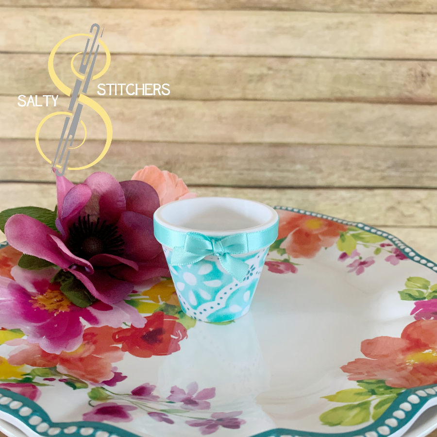 3D Printed Faux Terra Cotta Pot Blue Pioneer Woman Fabric Napkin Ring | Salty Stitchers at More Heart Studio