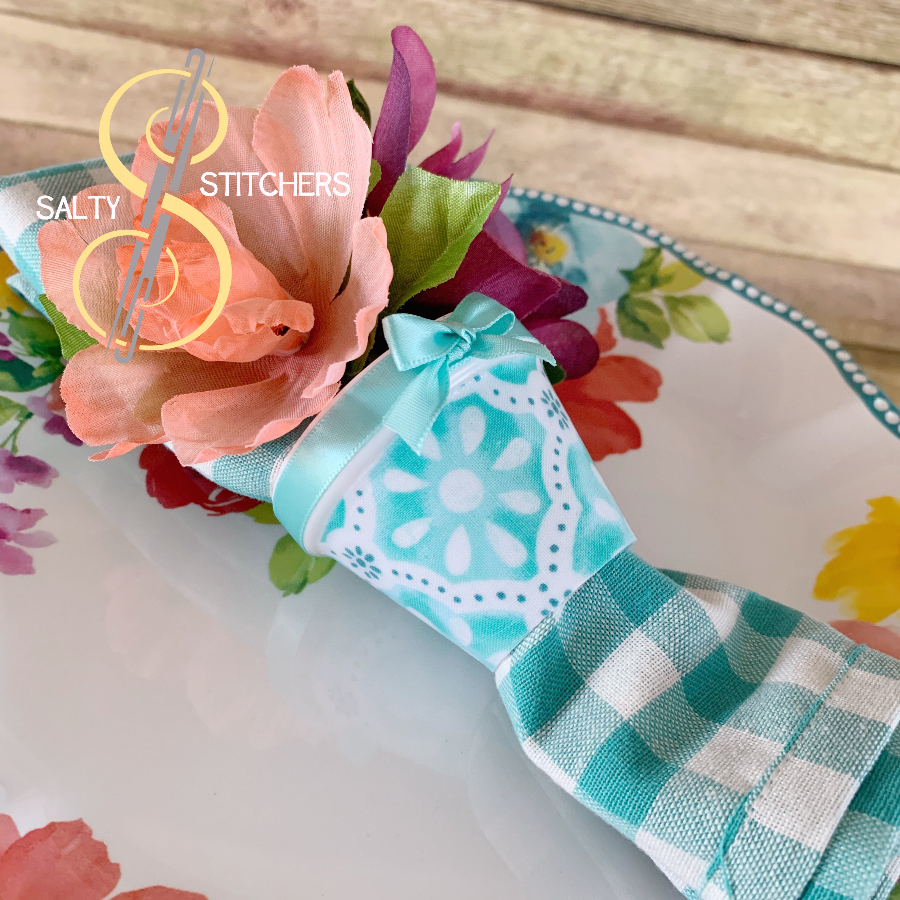 3D Printed Faux Terra Cotta Pot Blue Pioneer Woman Fabric Napkin Ring | Salty Stitchers at More Heart Studio