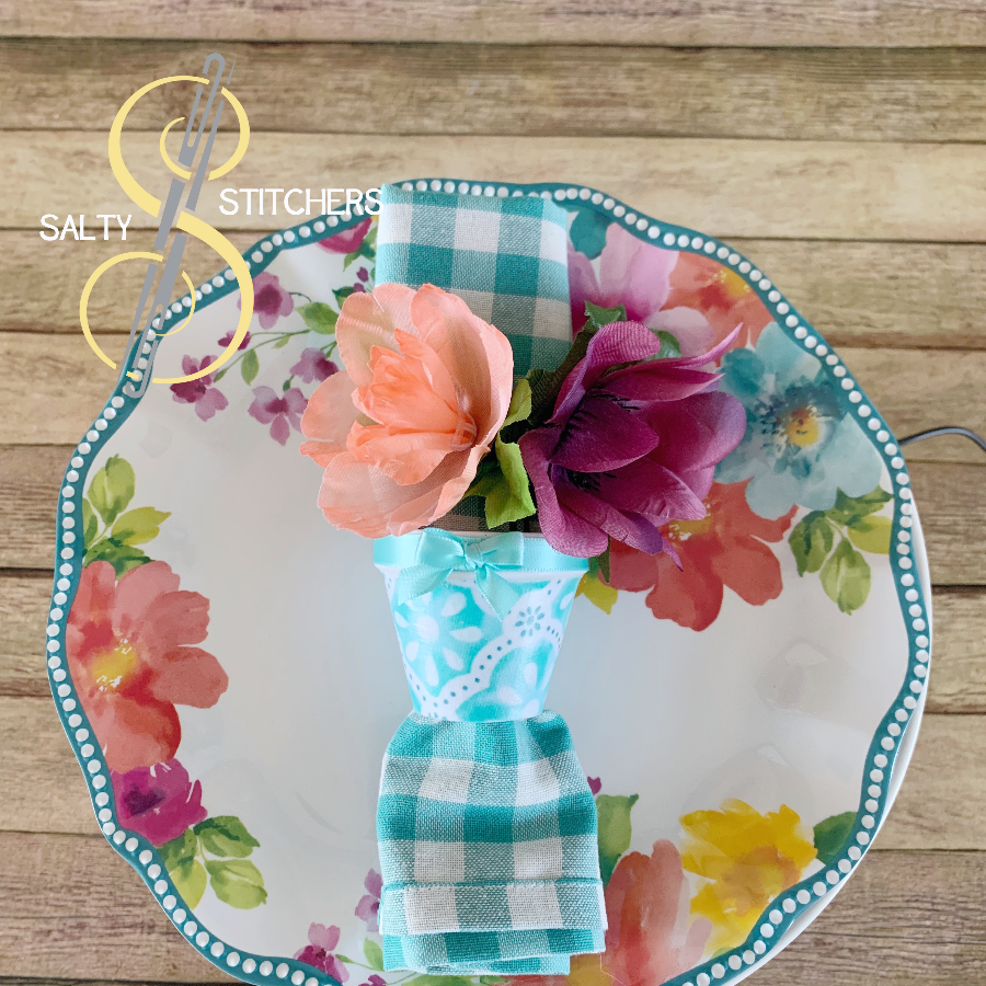 3D Printed Faux Terra Cotta Pot Blue Pioneer Woman Fabric Napkin Ring | Salty Stitchers at More Heart Studio