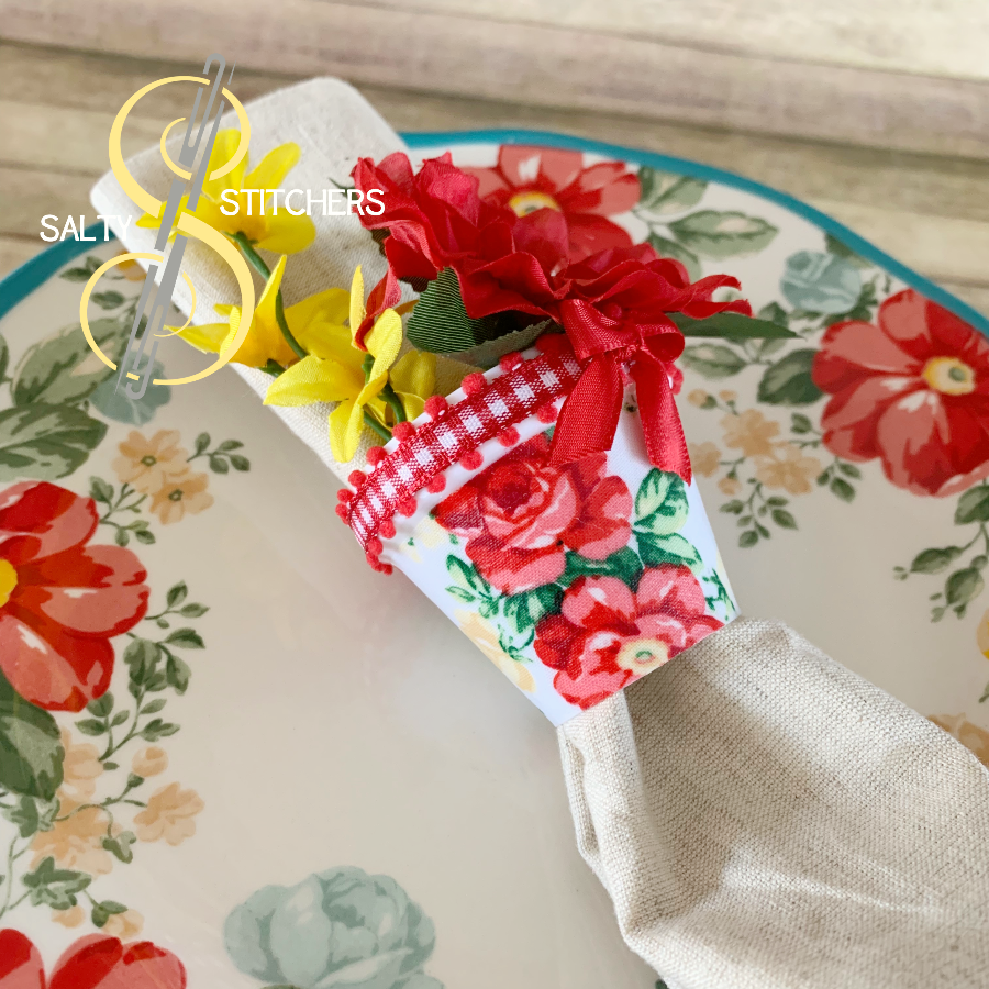 3D Printed Faux Terra Cotta Pot Pioneer Woman Vintage Floral Fabric Napkin Ring | Salty Stitchers at More Heart Studio