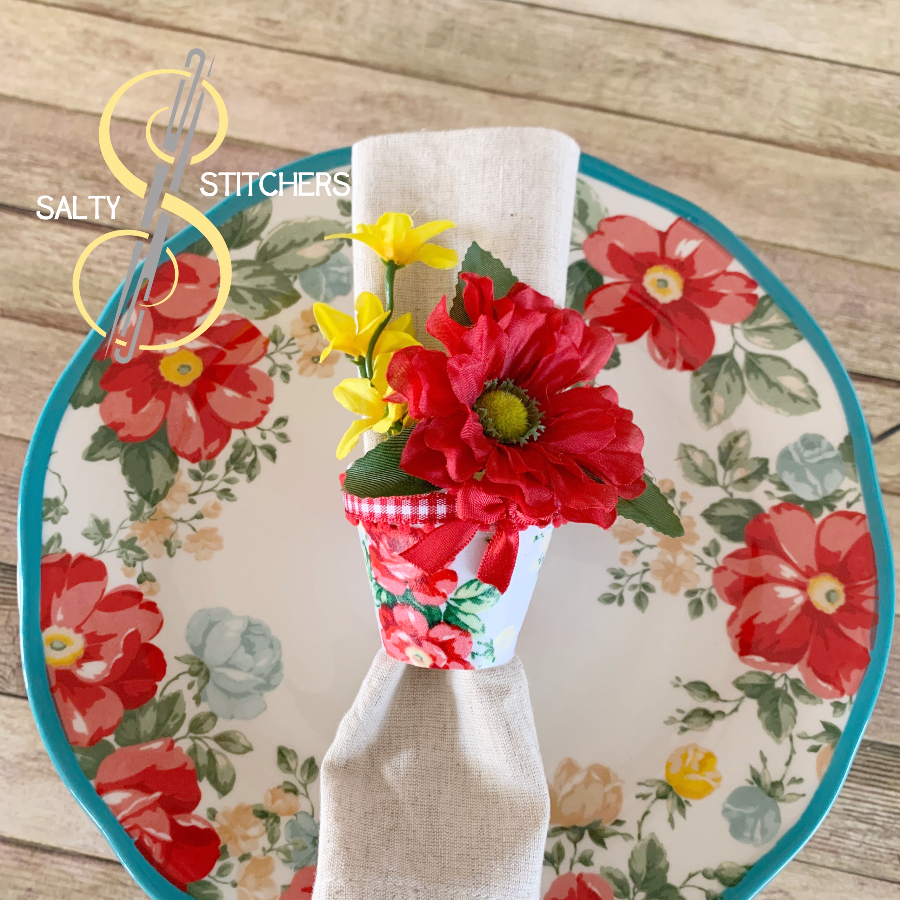 3D Printed Faux Terra Cotta Pot Pioneer Woman Vintage Floral Fabric Napkin Ring | Salty Stitchers at More Heart Studio