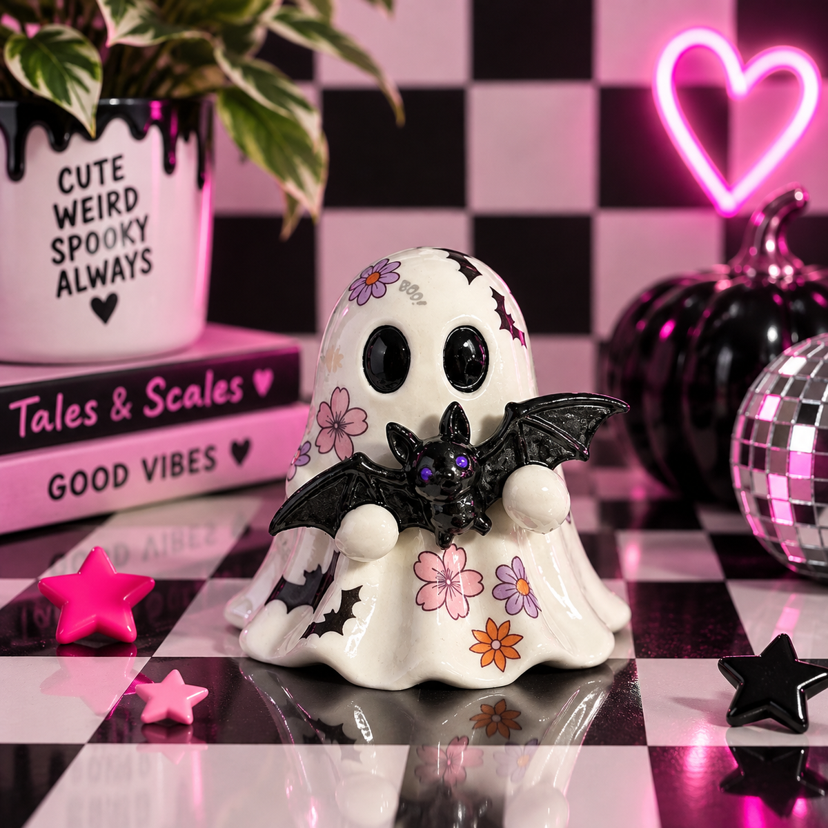 ghost figurine holding a bat on a checkered background