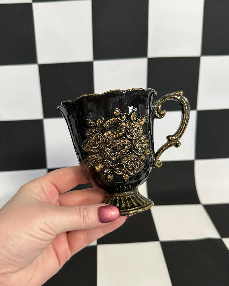 Black & Gold Snake Floral Teacup Magnet & Pen Holder | Gothic Cottagecore Kitchen Decor