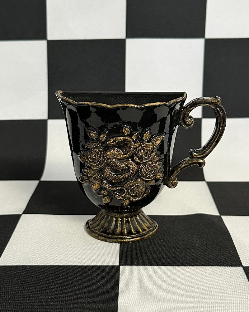 Black & Gold Snake Floral Teacup Magnet & Pen Holder | Gothic Cottagecore Kitchen Decor