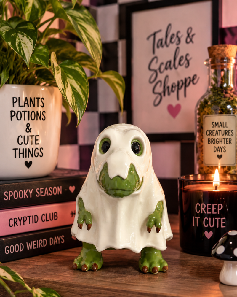 A ceramic ghost figurine with green hands and feet, standing on a wooden shelf in a cozy, styled room setting with books, a plant, and candles.