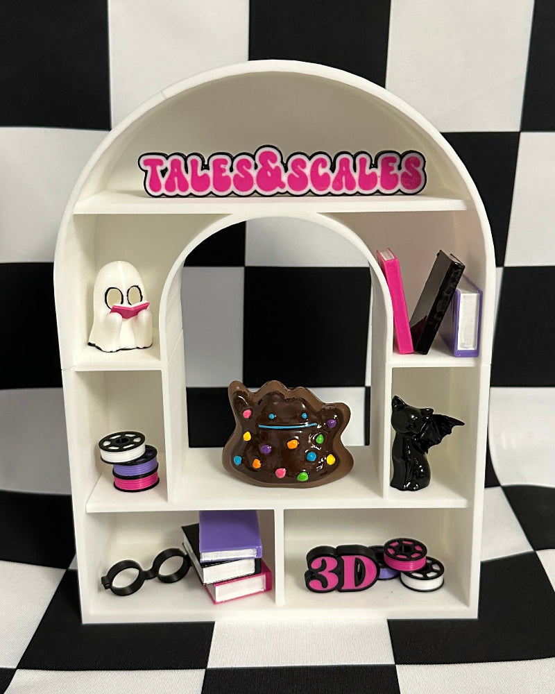 White shelf with various items on a black and white checkered background