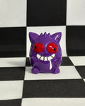 Purple cartoon-like creature with red eyes on a black and white checkered background