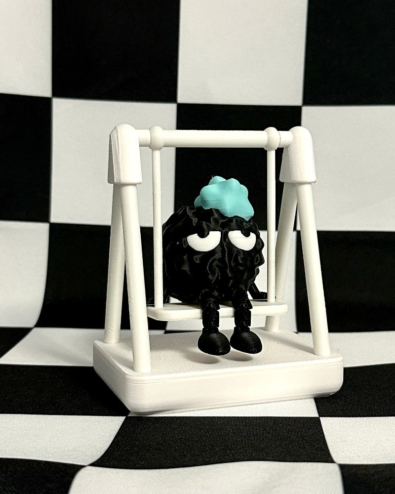 Black character with blue hair on a swing against a black and white checkered background