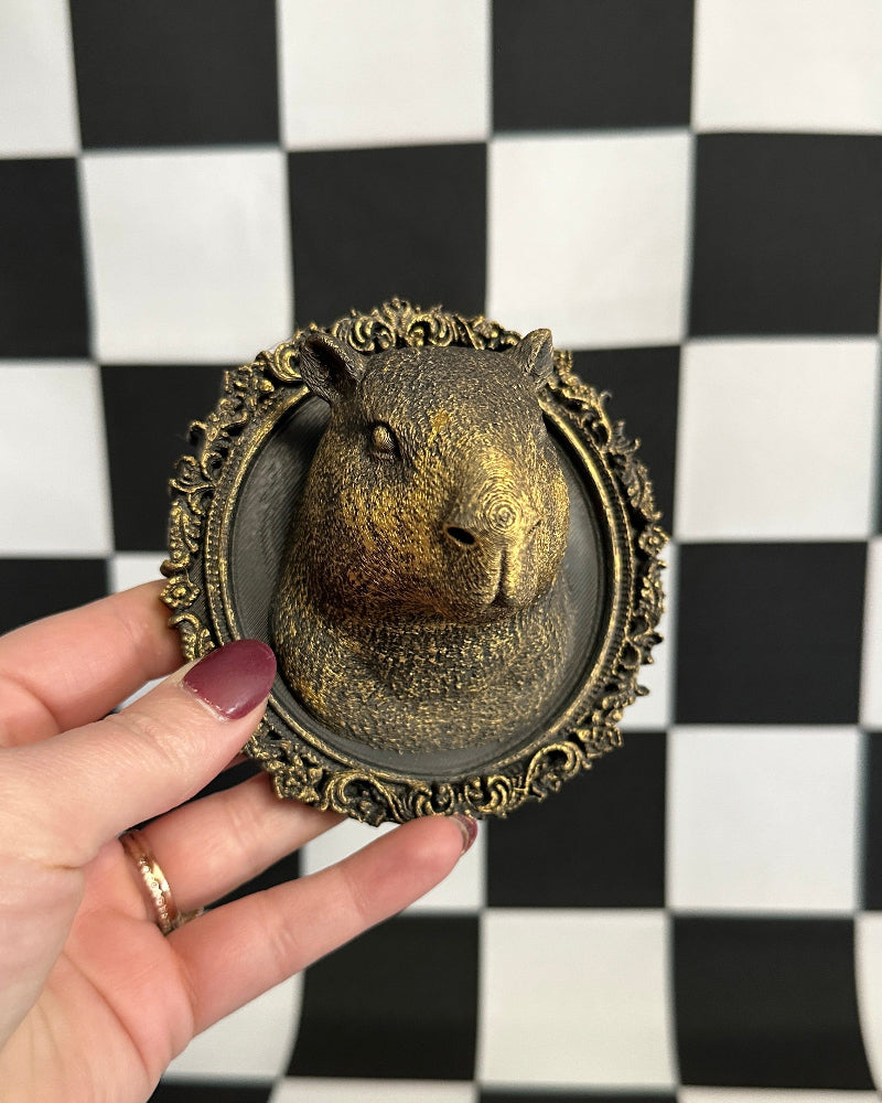 Gold Capybara Framed Magnet | Whimsical Curiosity Mini Wall Art & Eclectic Decor