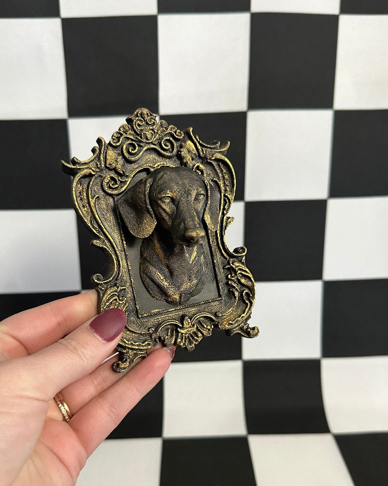 Gold Dachshund Framed Magnet | Whimsical Mini Wall Art & Eclectic Dog Decor