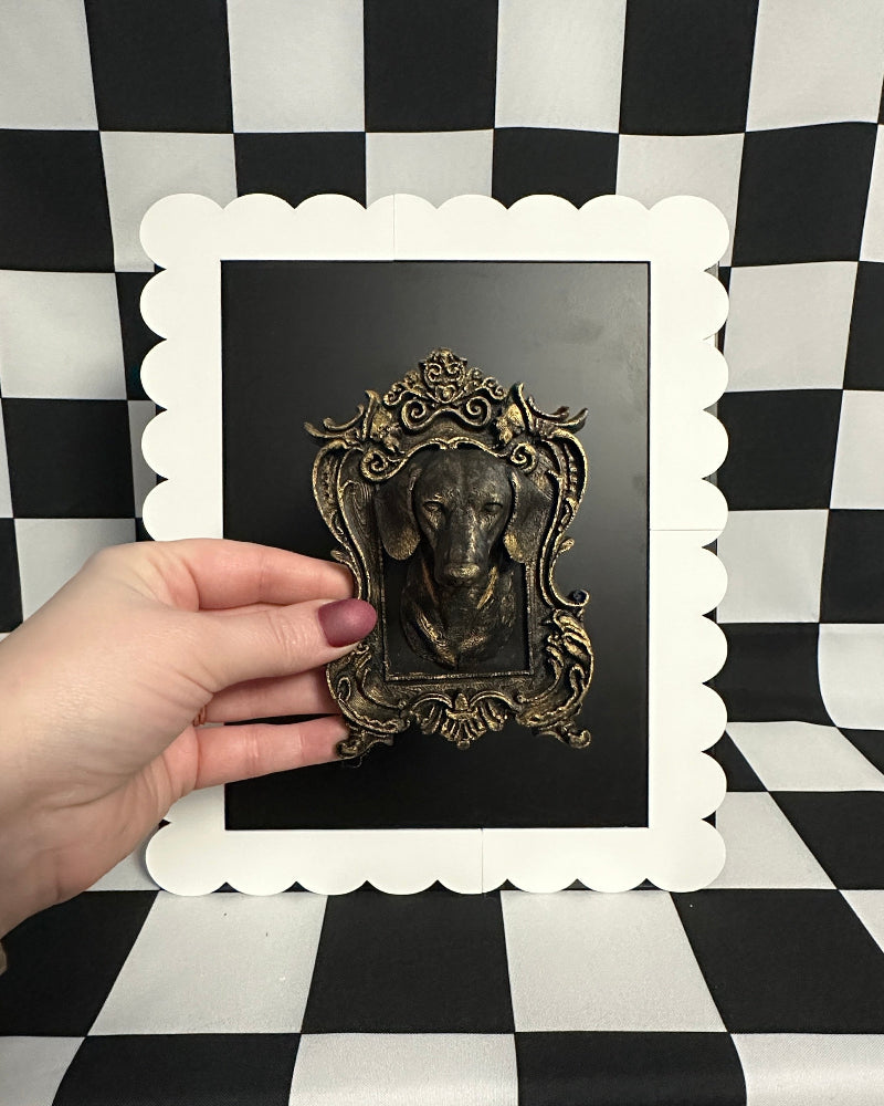 Gold Dachshund Framed Magnet | Whimsical Mini Wall Art & Eclectic Dog Decor