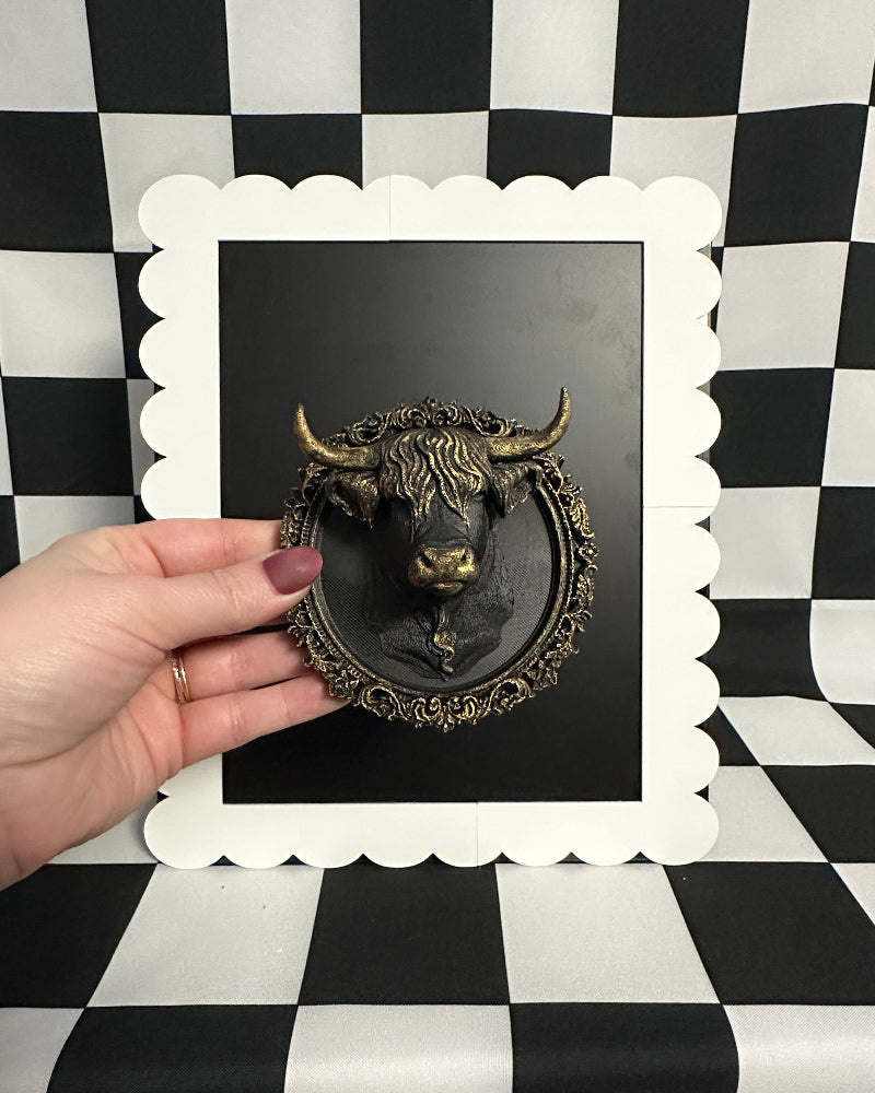 Gold Highland Cow Framed Magnet | Rustic Gothic Mini Wall Art & Curiosity Decor