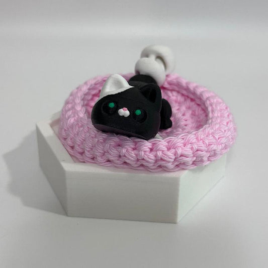 C43 Black White Fidget Cat & Pink Bed