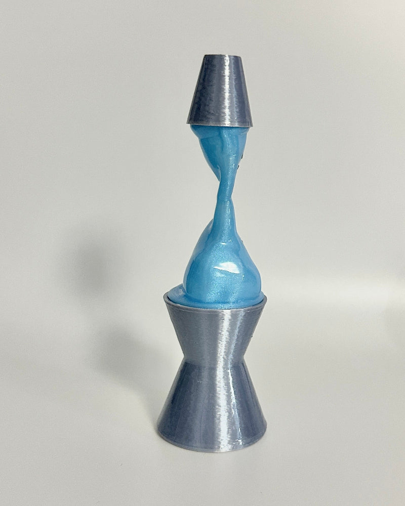 Blue and silver hourglass-shaped object on a white background