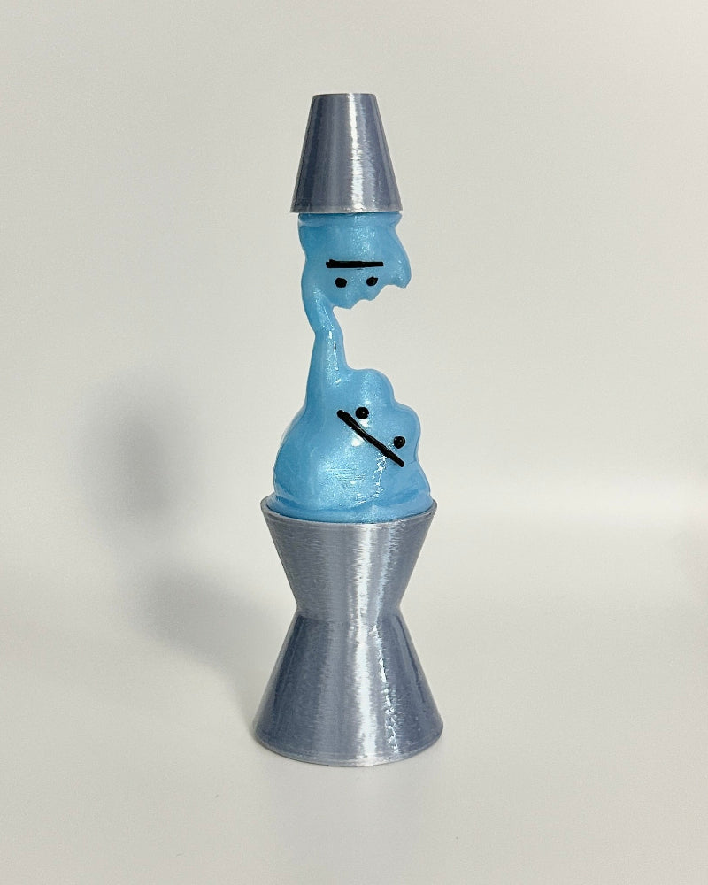 Blue lamp character with a silver base on a white background