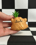Hand holding a small pineapple-shaped object with a face on a black and white checkered background