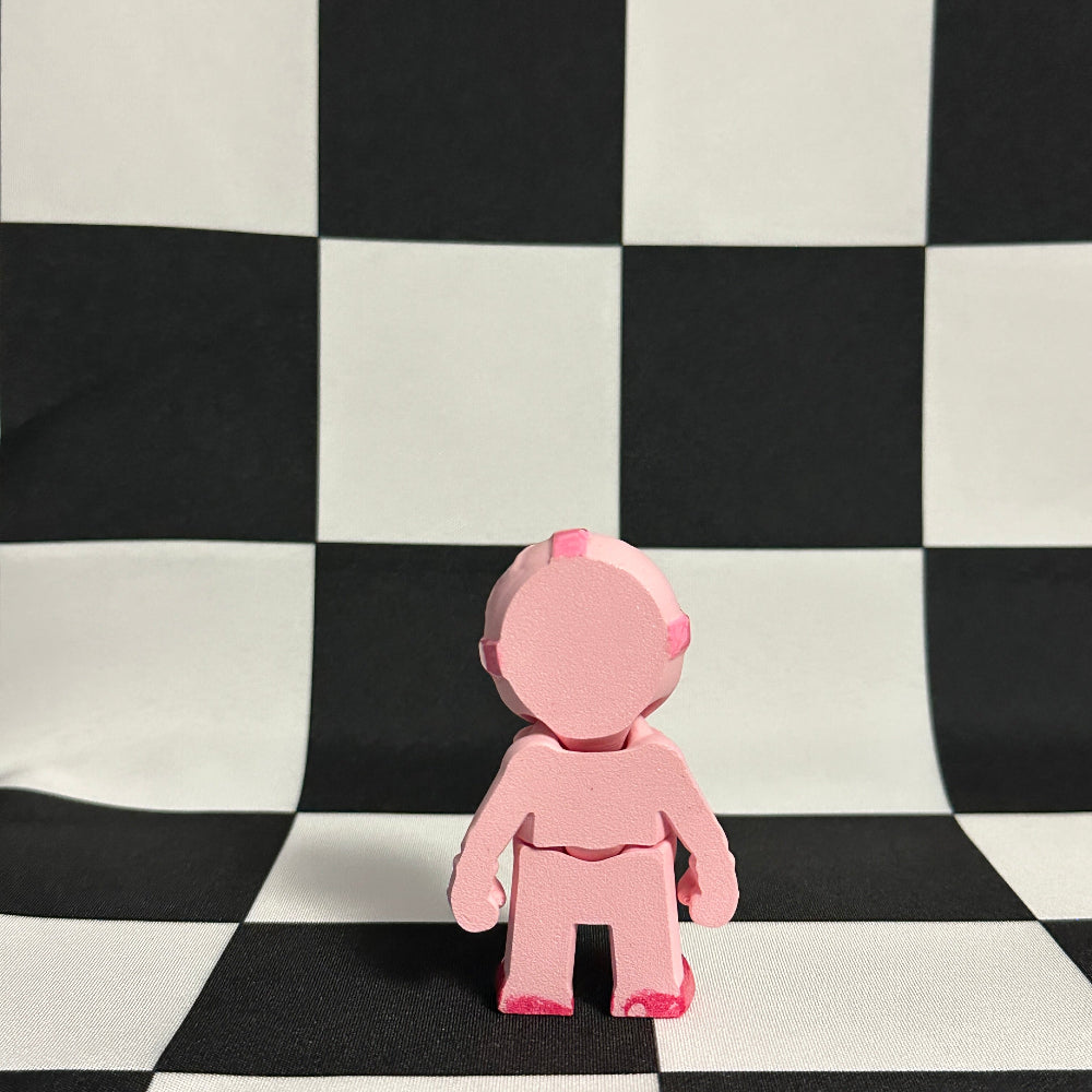 Pink figure on a black and white checkered background