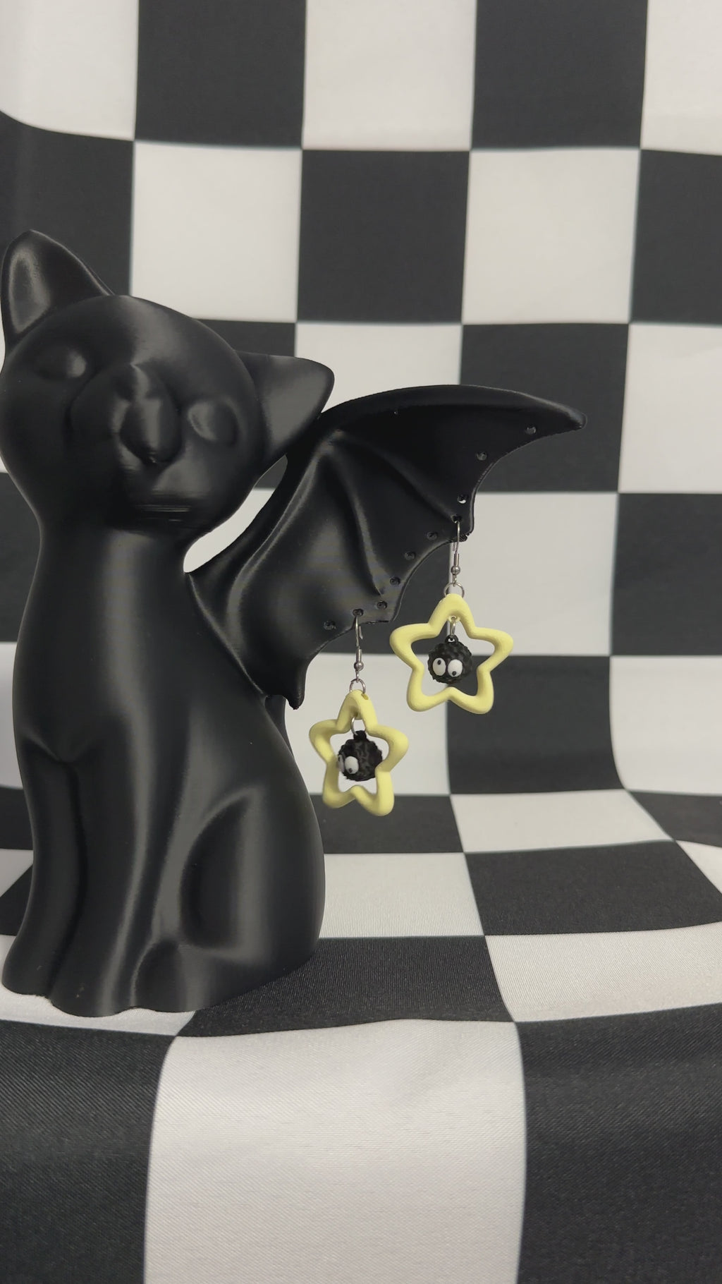 3D Printed Pair of  Emoji Derpy Soot Sprite Yellow Star Dangle Earrings