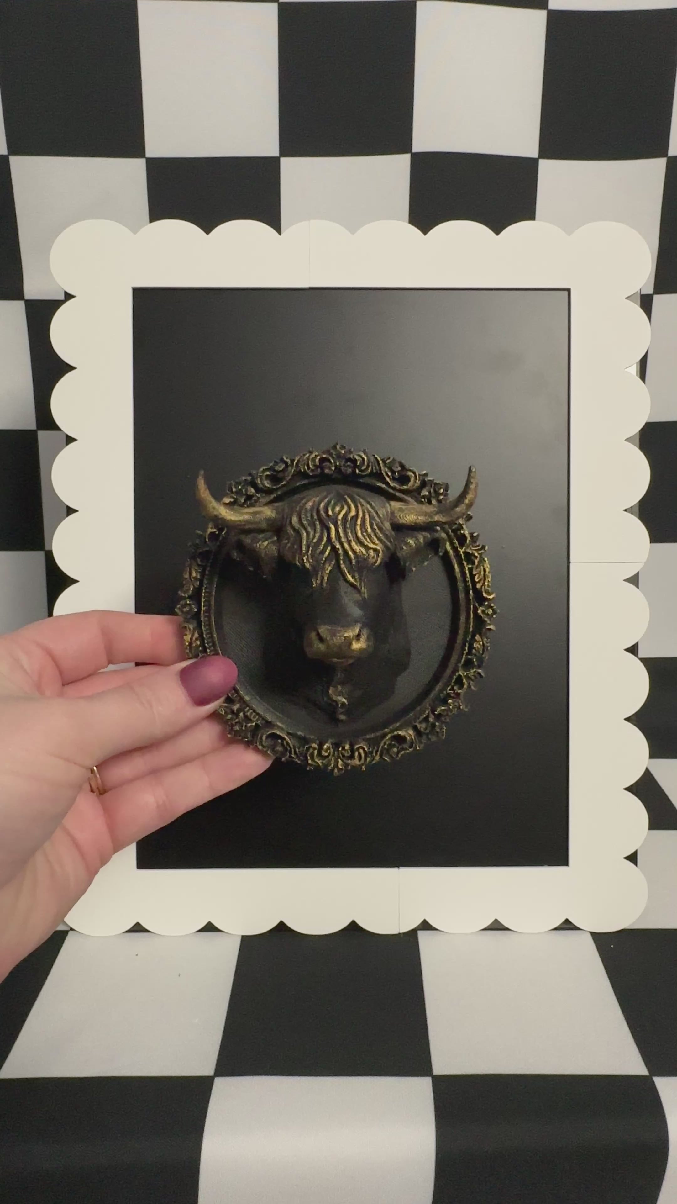 Gold Highland Cow Framed Magnet | Rustic Gothic Mini Wall Art & Curiosity Decor