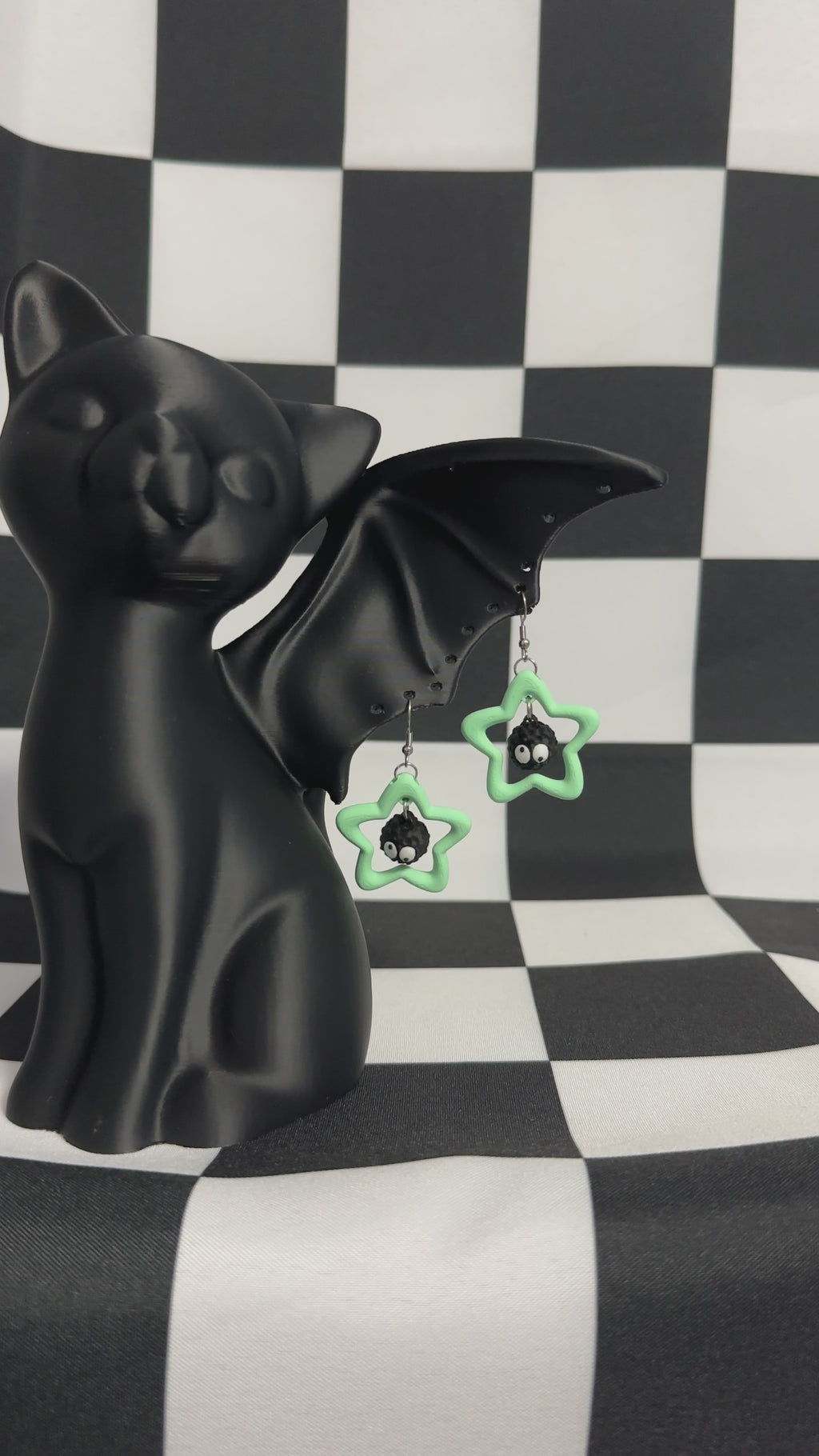 3D Printed Pair of Emoji Derpy Soot Sprite Green Star Dangle Earrings