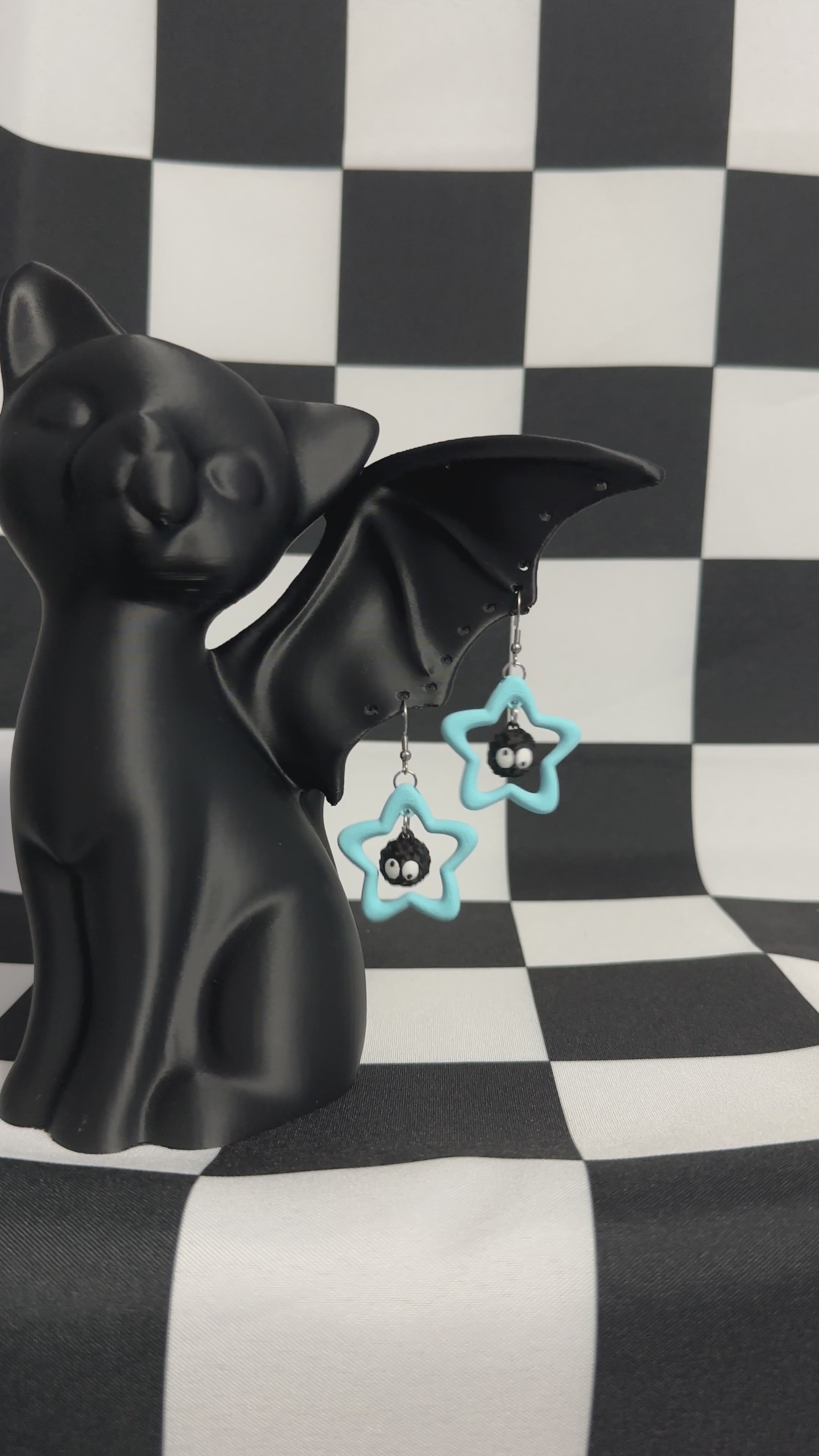 3D Printed Pair of  Emoji Derpy Soot Sprite Blue Star Dangle Earrings