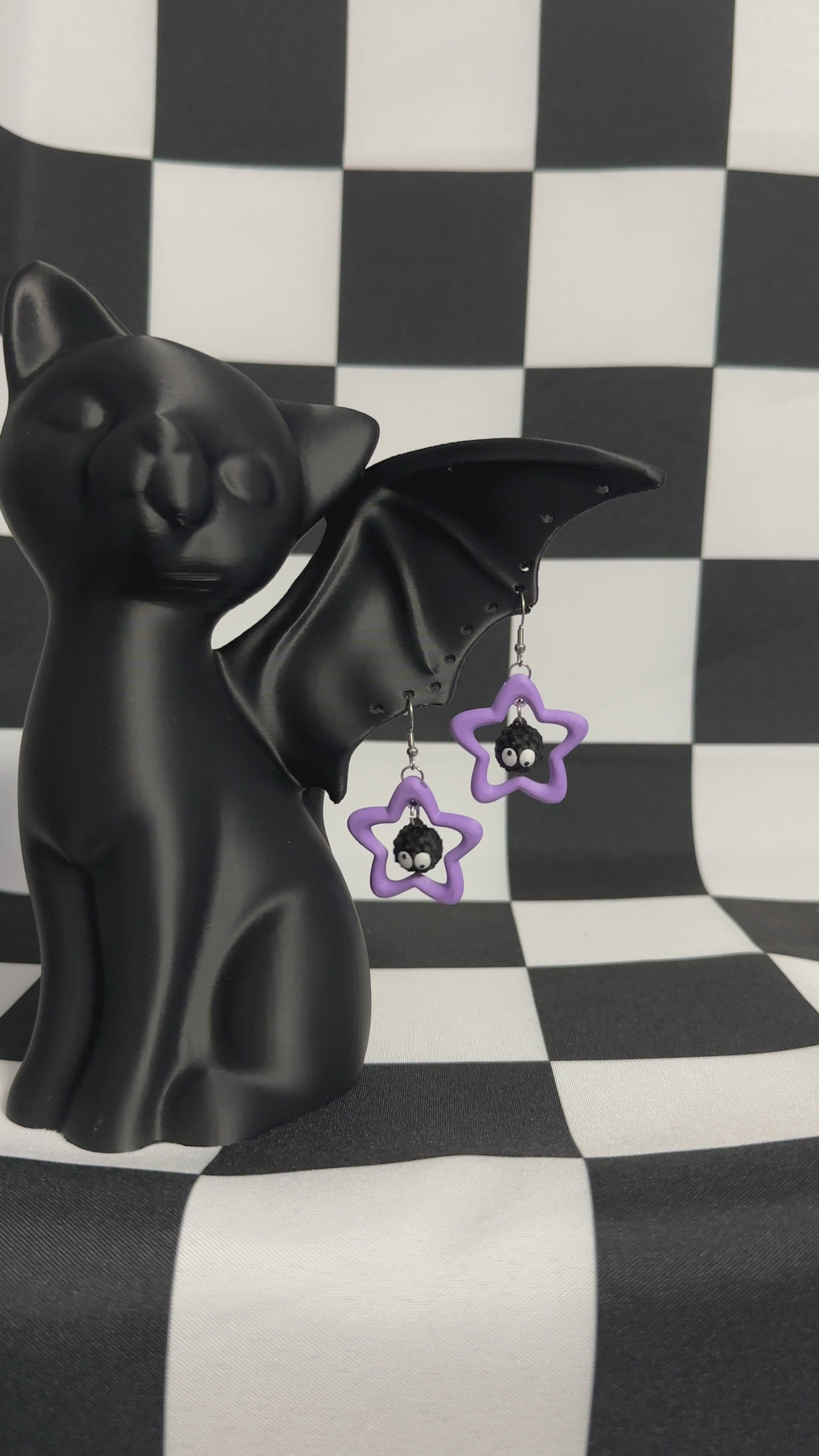 3D Printed Pair of  Emoji Derpy Soot Sprite Purple Star Dangle Earrings