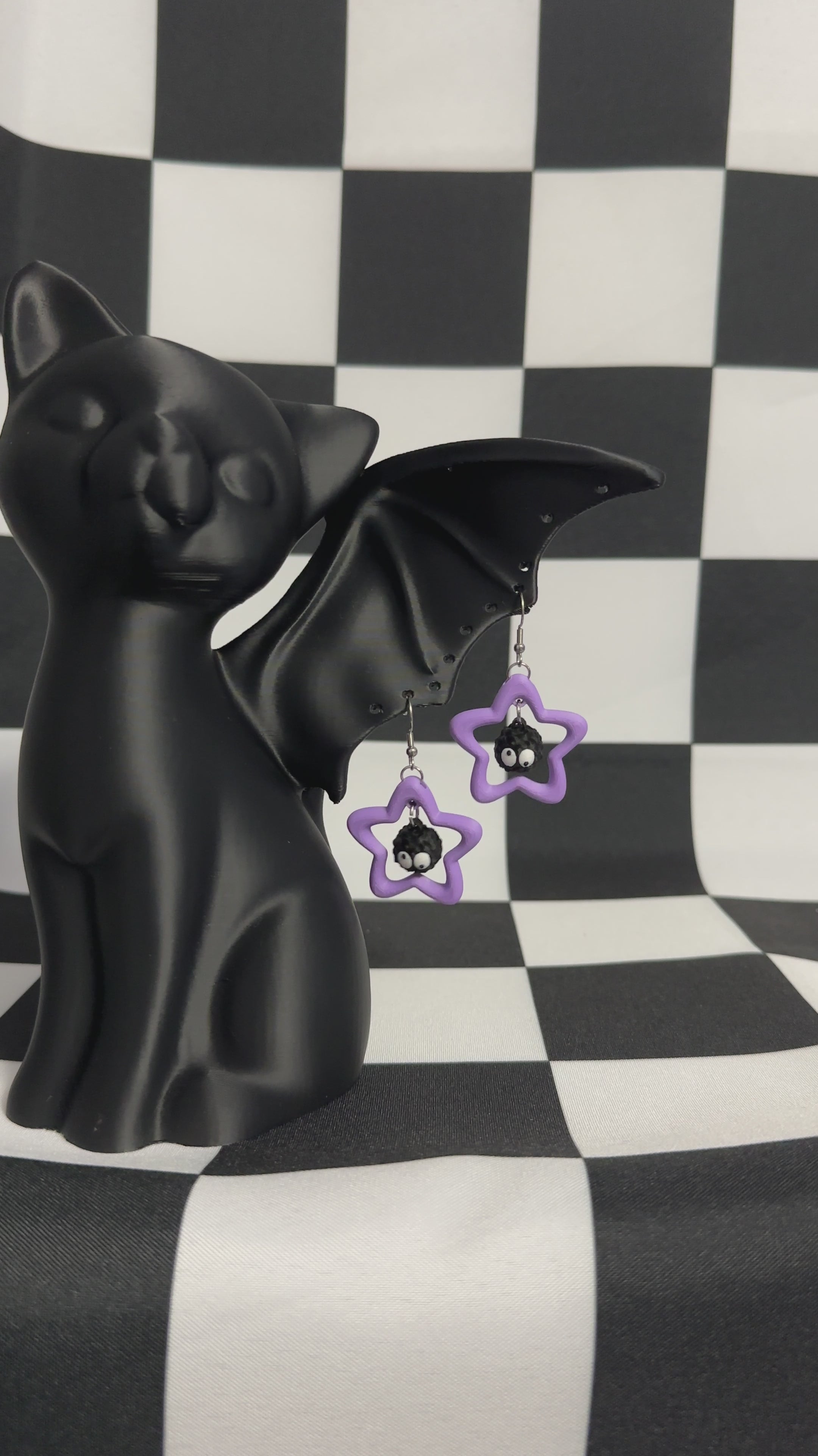 3D Printed Pair of  Emoji Derpy Soot Sprite Purple Star Dangle Earrings