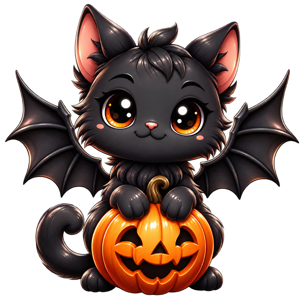 black bat cat holding a pumpkin