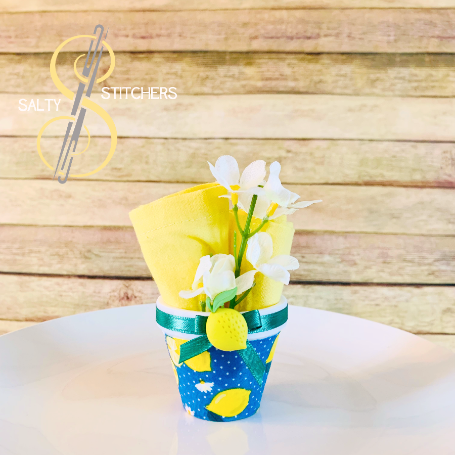 3D Printed Faux Terra Cotta Pot Blue Lemon Napkin Ring | Salty Stitchers at More Heart Studio