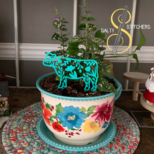 Teal Floral Cow Plant Pal 3d Printed Indoor Trellis | More Heart Studio