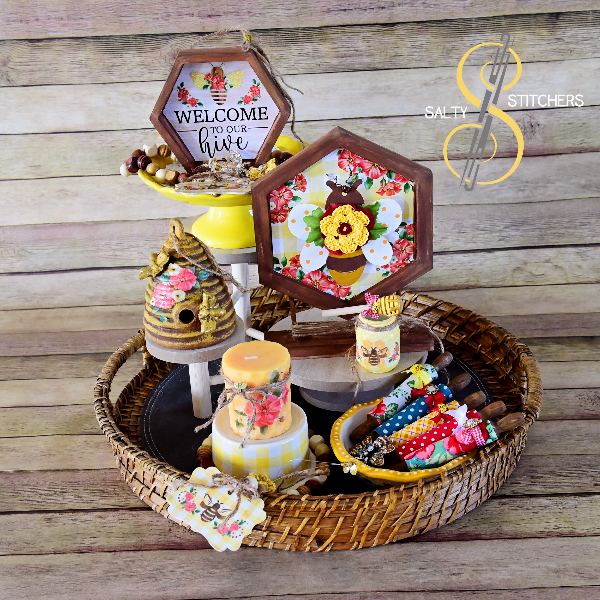 Vintage Floral Inspired Honey Bee Tier Tray Mini Honey Pot and Dipper