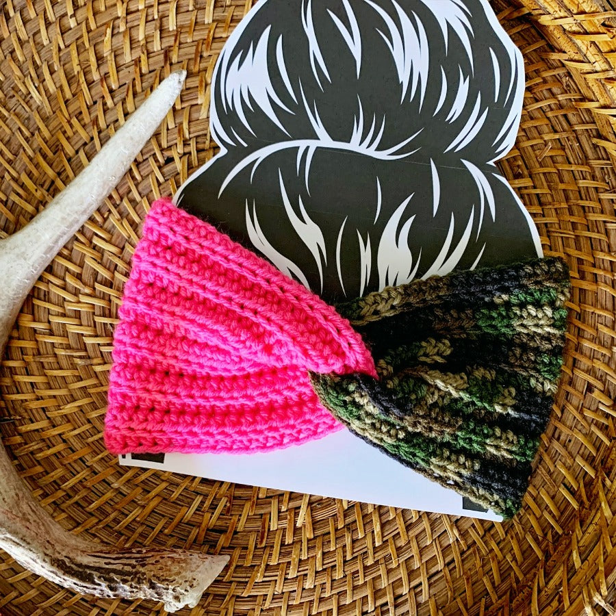 Hunters Pink & Camo Crochet Ear Warmer made by the Salty Stitchers.