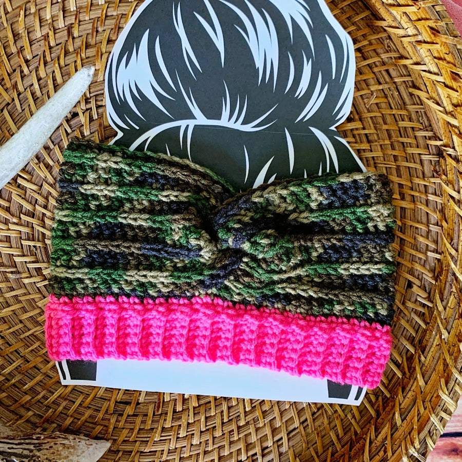 Hunters Pink & Camo Crochet Ear Warmer made by the Salty Stitchers.