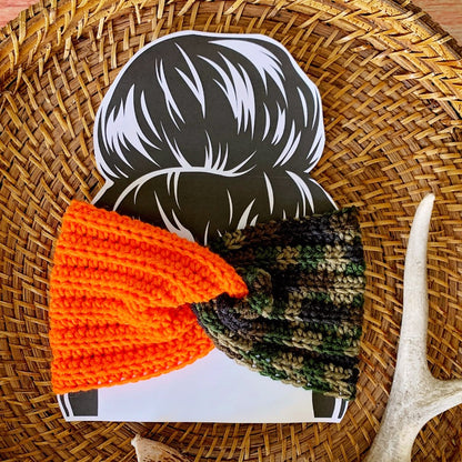 Hunters Orange & Camo Crochet Ear Warmer made by the Salty Stitchers.